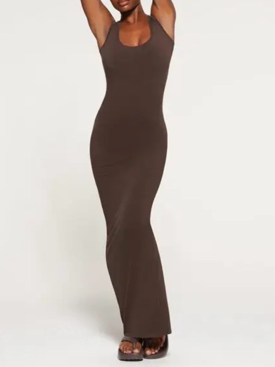 SKIMS Dresses & Skirts - NWT SKIMS Chocolate Brown Scoop Neck Ribbed Vintage Maxi Dress Medium